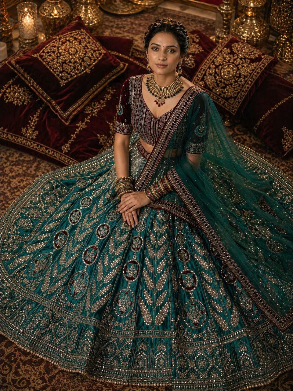 Japan Satin Silk Lehenga Choli, Velvet Blouse, Sequins Embroidery Bridal Wedding Set