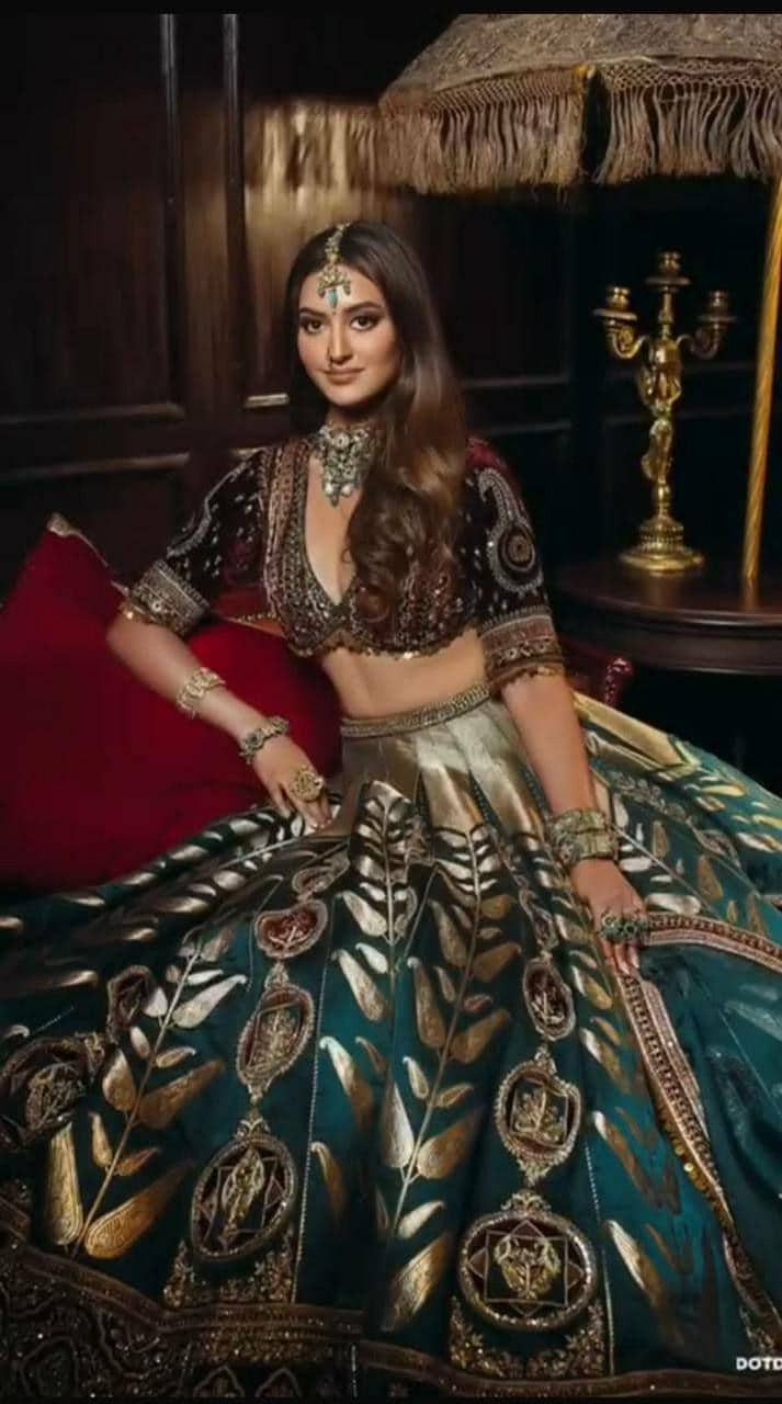Japan Satin Silk Lehenga Choli, Velvet Blouse, Sequins Embroidery Bridal Wedding Set