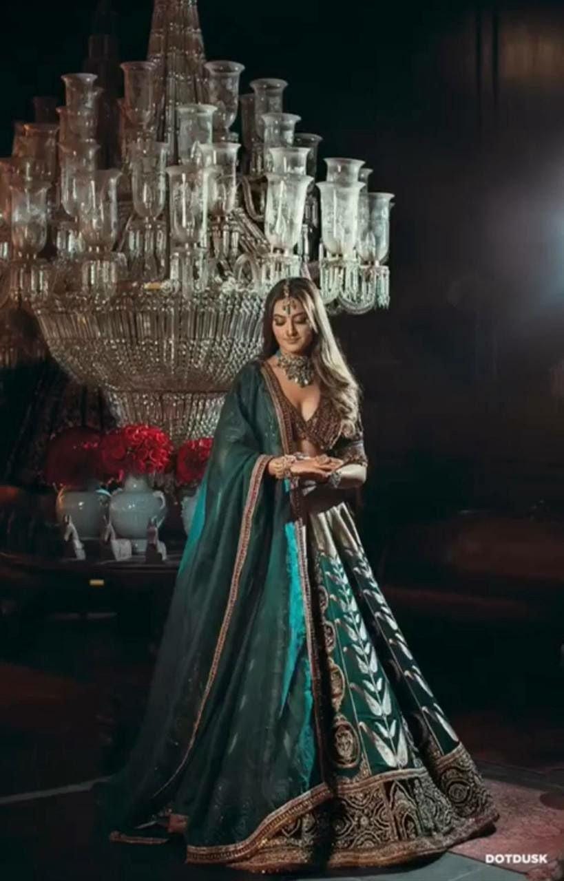 Japan Satin Silk Lehenga Choli, Velvet Blouse, Sequins Embroidery Bridal Wedding Set