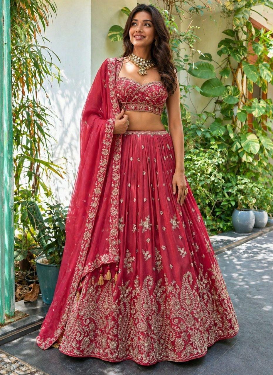 Chinon Lehenga Choli Set, Zari Dori Sequins Embroidery, Semi Stitched Bridal Wear