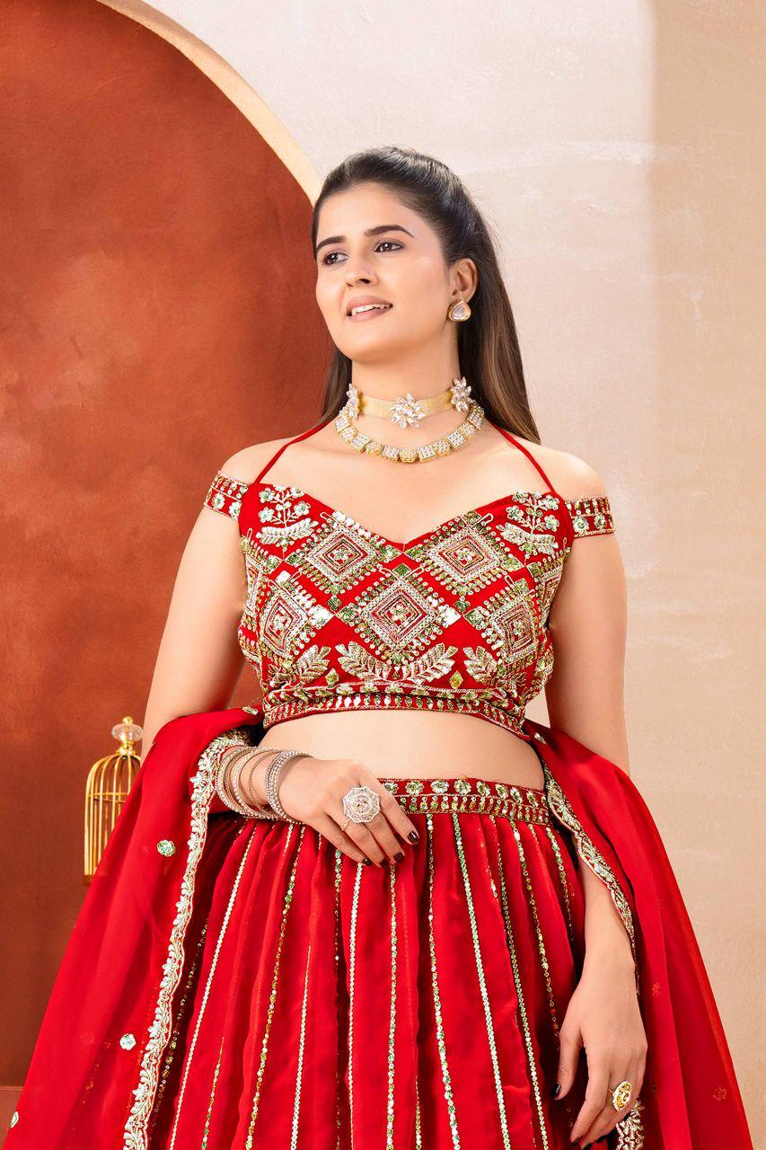 Red Faux Georgette Lehenga Choli | Sequins Zari Embroidery Bridal Set