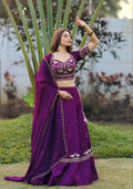 Purple Chinon Lehenga Choli Set | Heavy Embroidery Sequin Work, Flared Indian Wedding Party Wear
