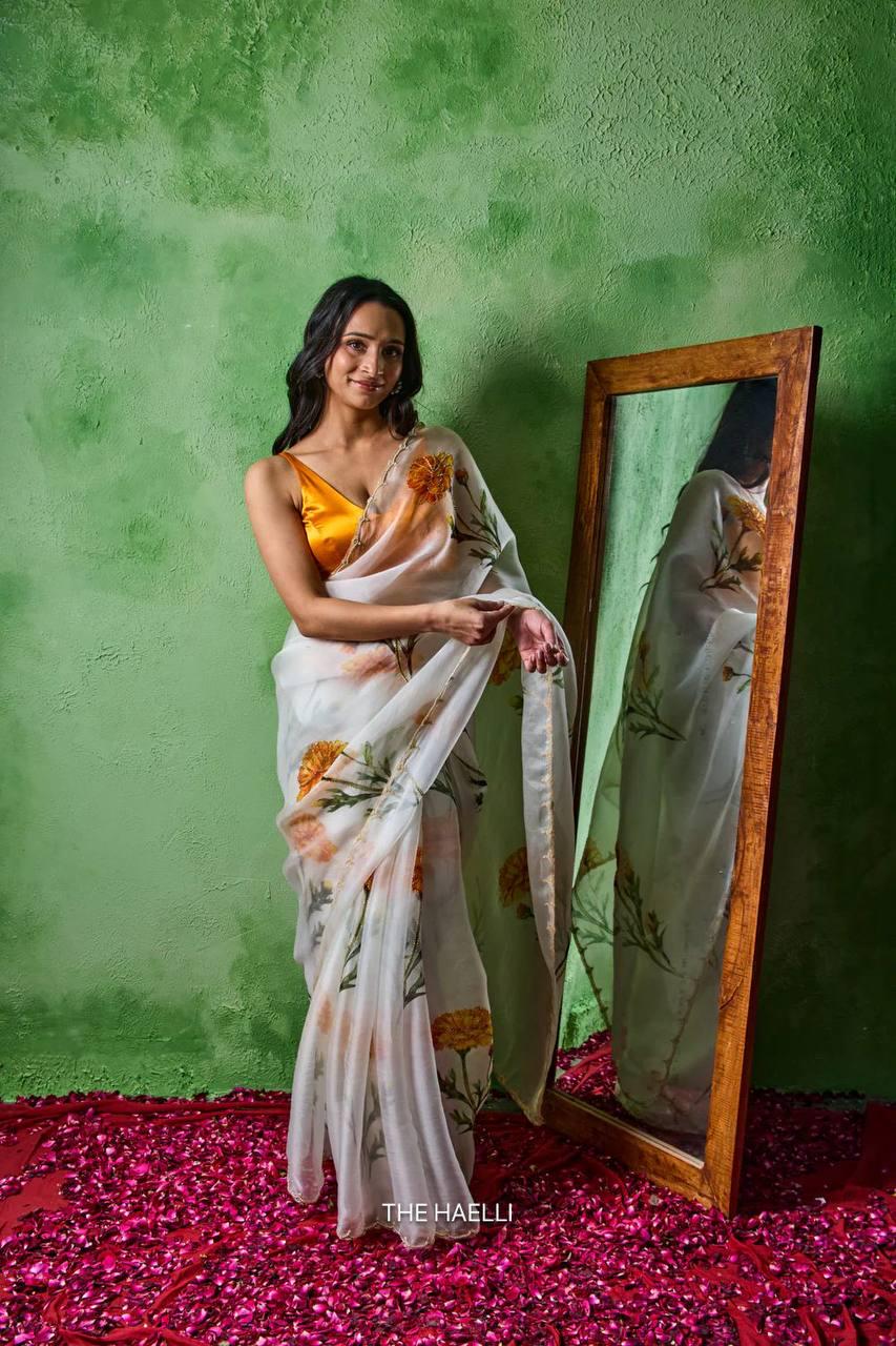 Soft Tabby Floral Sparrow Print Lehenga Choli | Handwork Cutdana Indian Wedding Wear