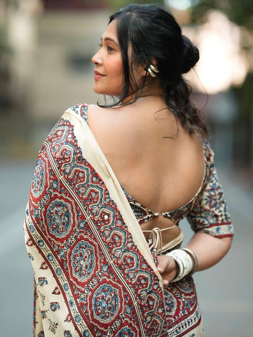 Ajrakh Print Semi Modal Silk Saree | Real Mirror Work, Pom Pom Pallu, Party Wear