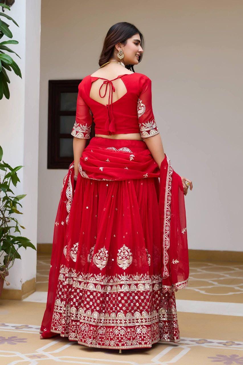 Heavy Fox Georgette Lehenga Choli Set | Red Wedding Party Wear Embroidery Sequin Work