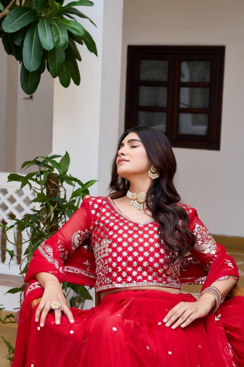 Heavy Fox Georgette Lehenga Choli Set | Red Wedding Party Wear Embroidery Sequin Work