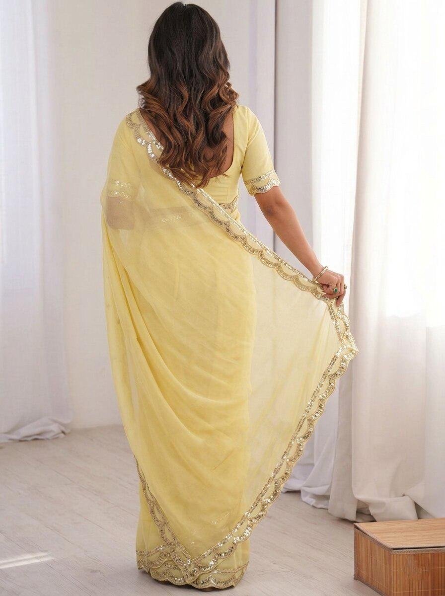 Moss Chiffon Saree with Sequins Lace Border | Embroidered Banglory Silk Blouse