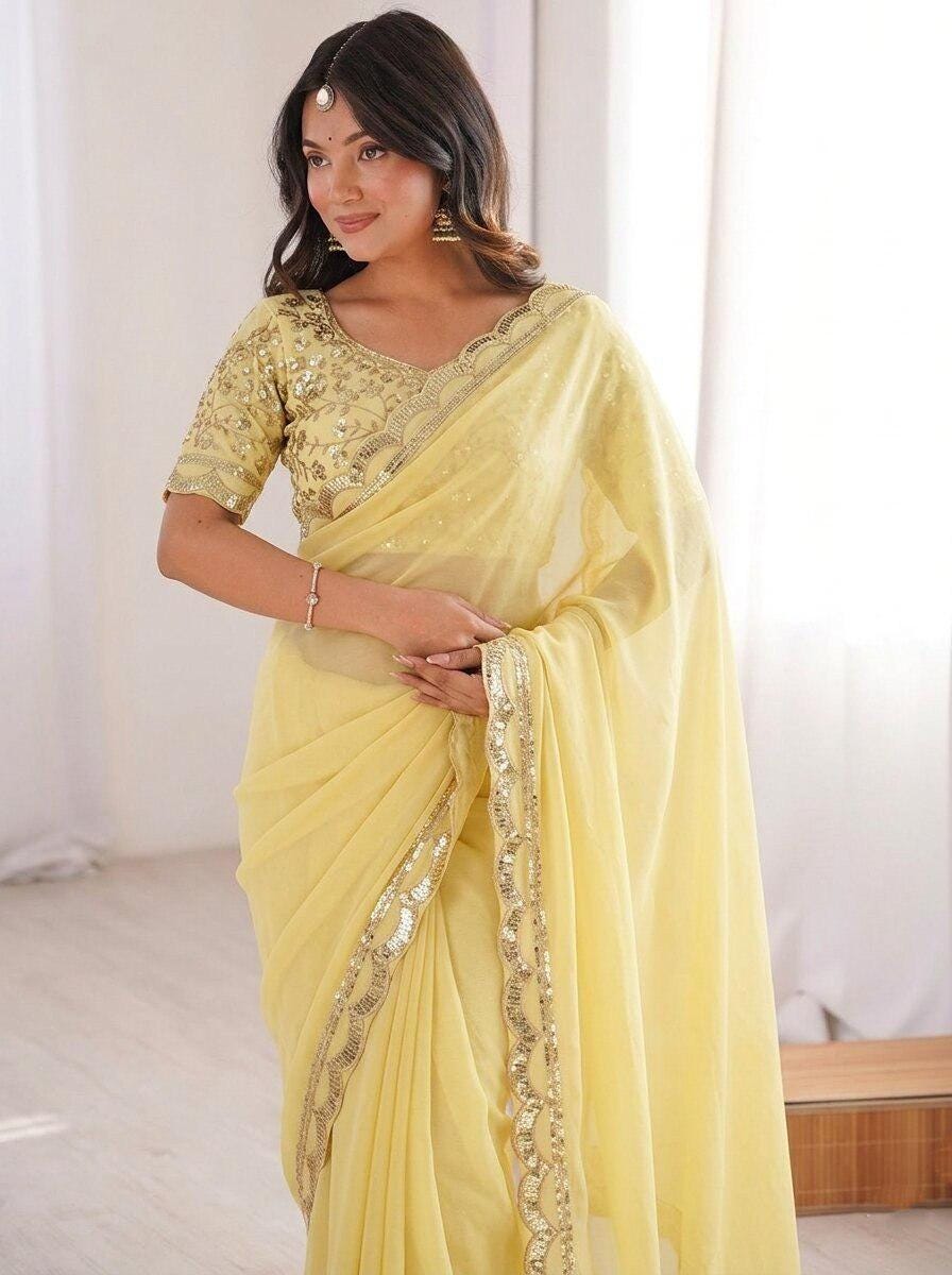 Moss Chiffon Saree with Sequins Lace Border | Embroidered Banglory Silk Blouse