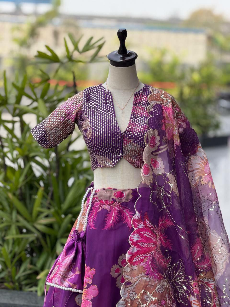 Digital Print Organza Lehenga Choli Set with Sequins Embroidery, Batwa Bag