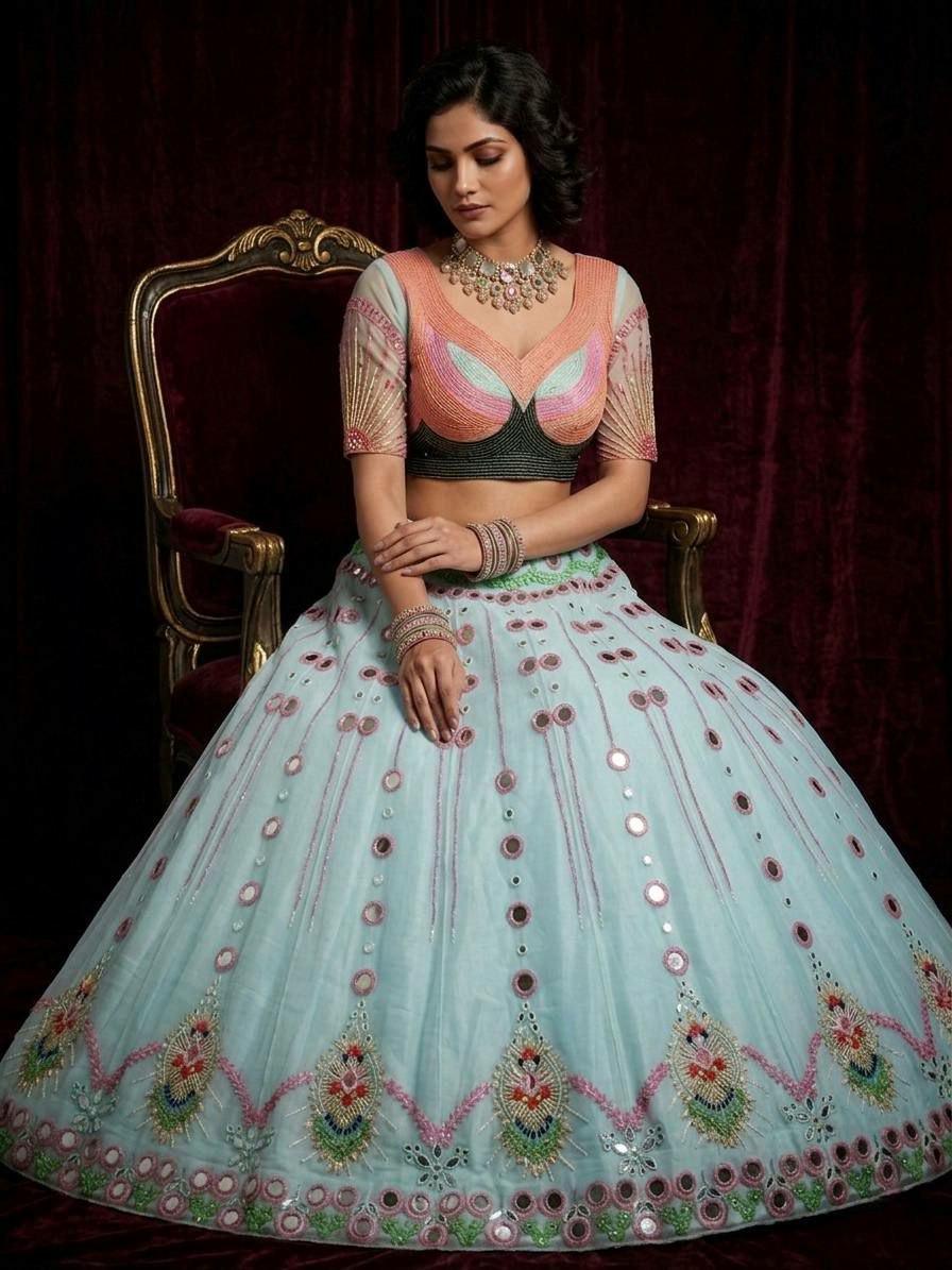 Butterfly Net Lehenga Choli, Mirror Pearl Work, Sequins Embroidery Bridal Set