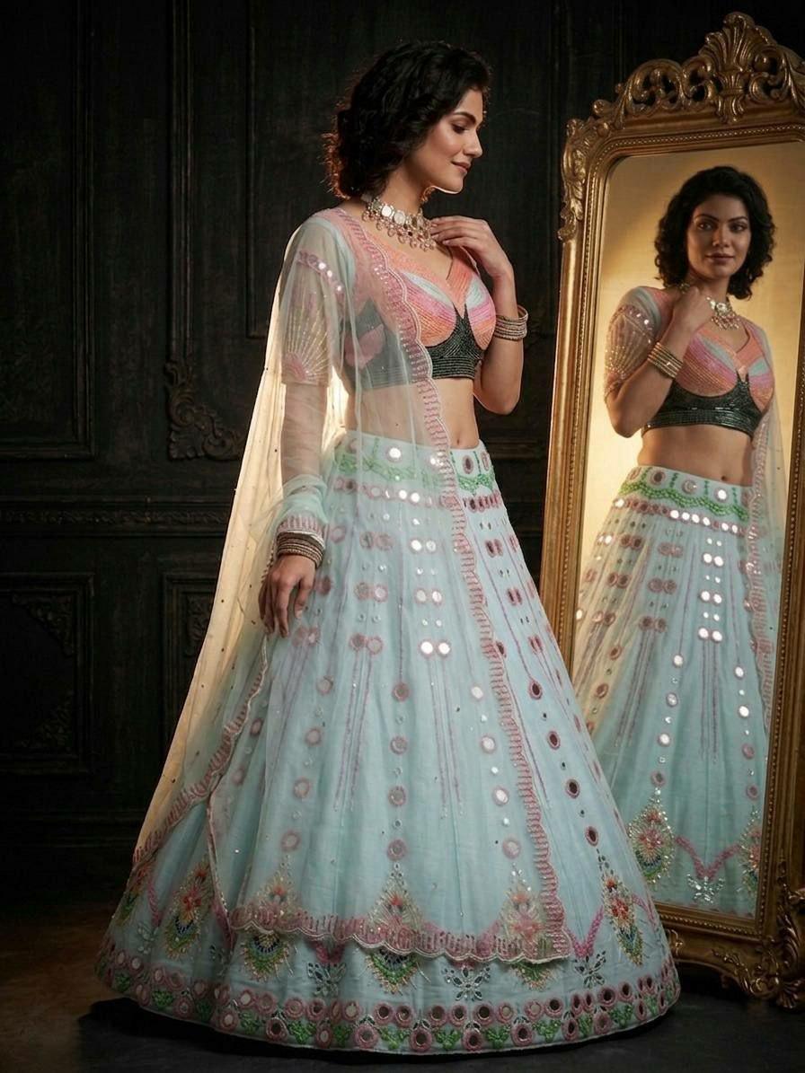 Butterfly Net Lehenga Choli, Mirror Pearl Work, Sequins Embroidery Bridal Set