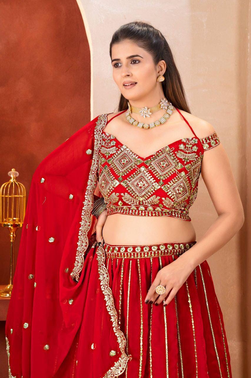 Red Faux Georgette Lehenga Choli | Sequins Zari Embroidery Bridal Set