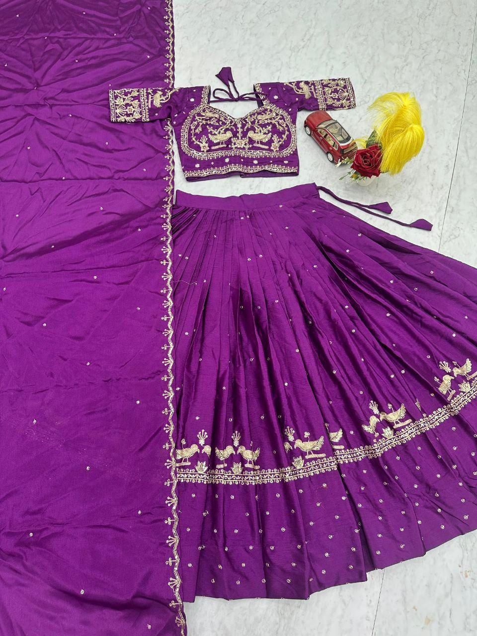 Purple Chinon Lehenga Choli Set | Heavy Embroidery Sequin Work, Flared Indian Wedding Party Wear
