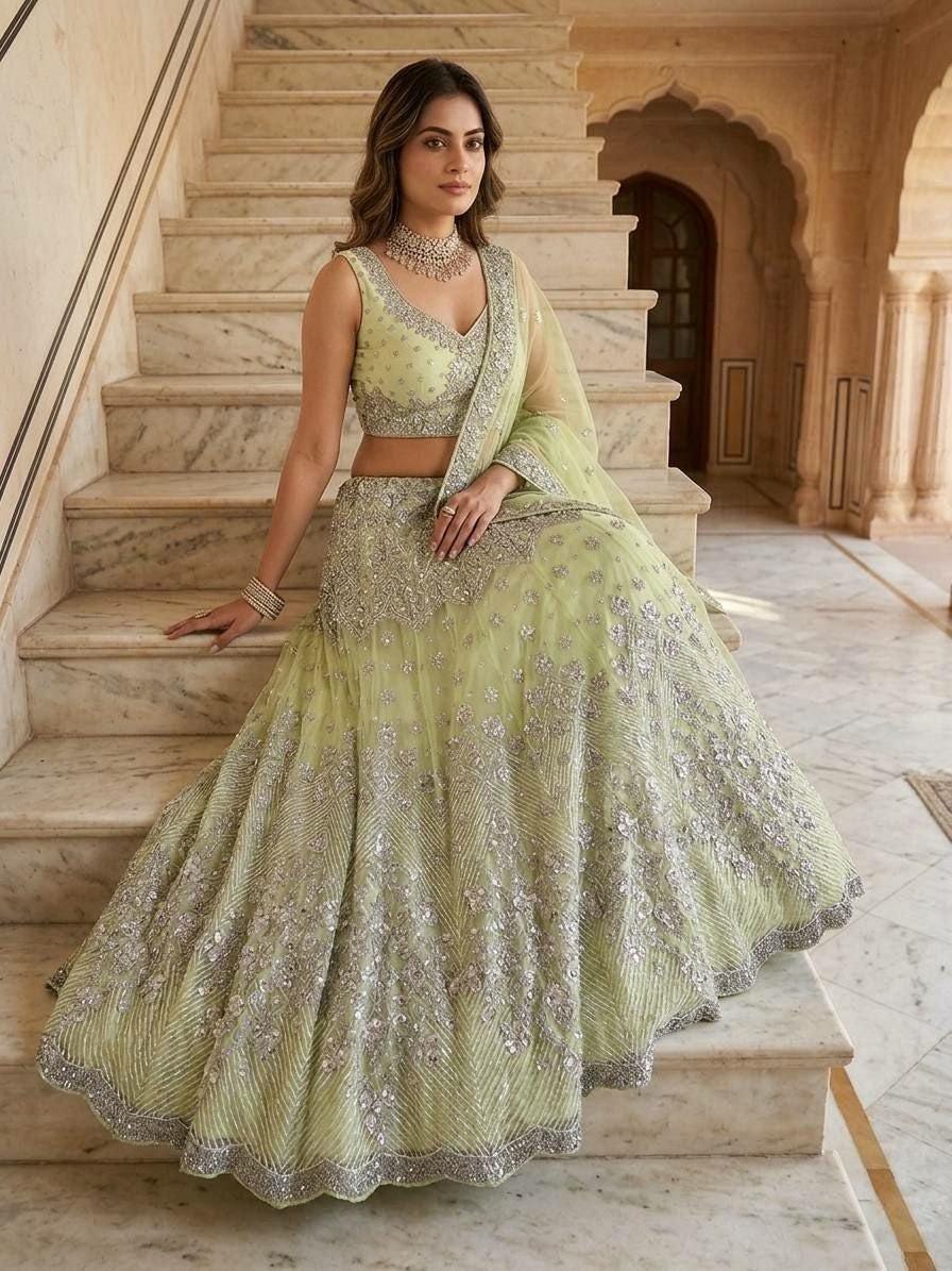 Butterfly Net Lehenga Choli | Foil Mirror Sequin Work, 4 Meter Flare, Indian Wedding Wear