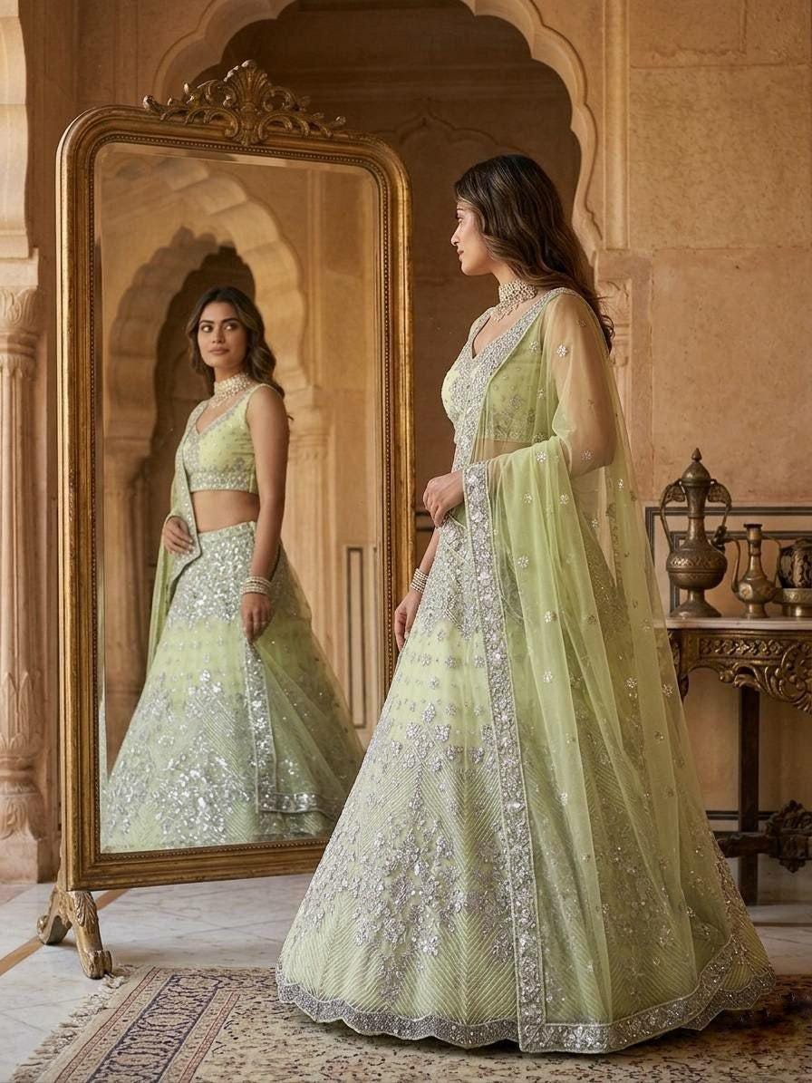 Butterfly Net Lehenga Choli | Foil Mirror Sequin Work, 4 Meter Flare, Indian Wedding Wear