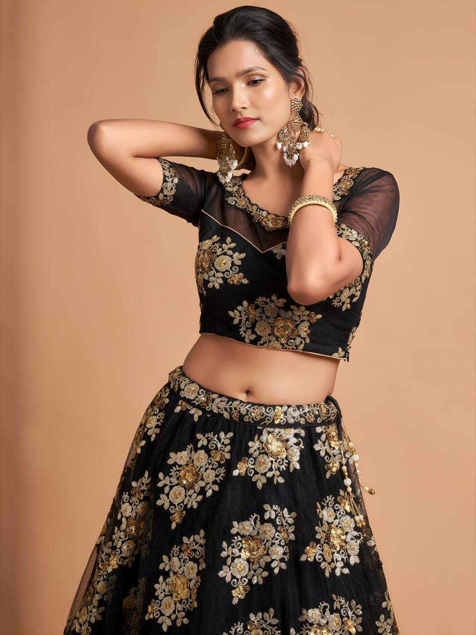 Black Net Lehenga Choli with Zari Sequins Embroidery | Indian Wedding Party Wear Set