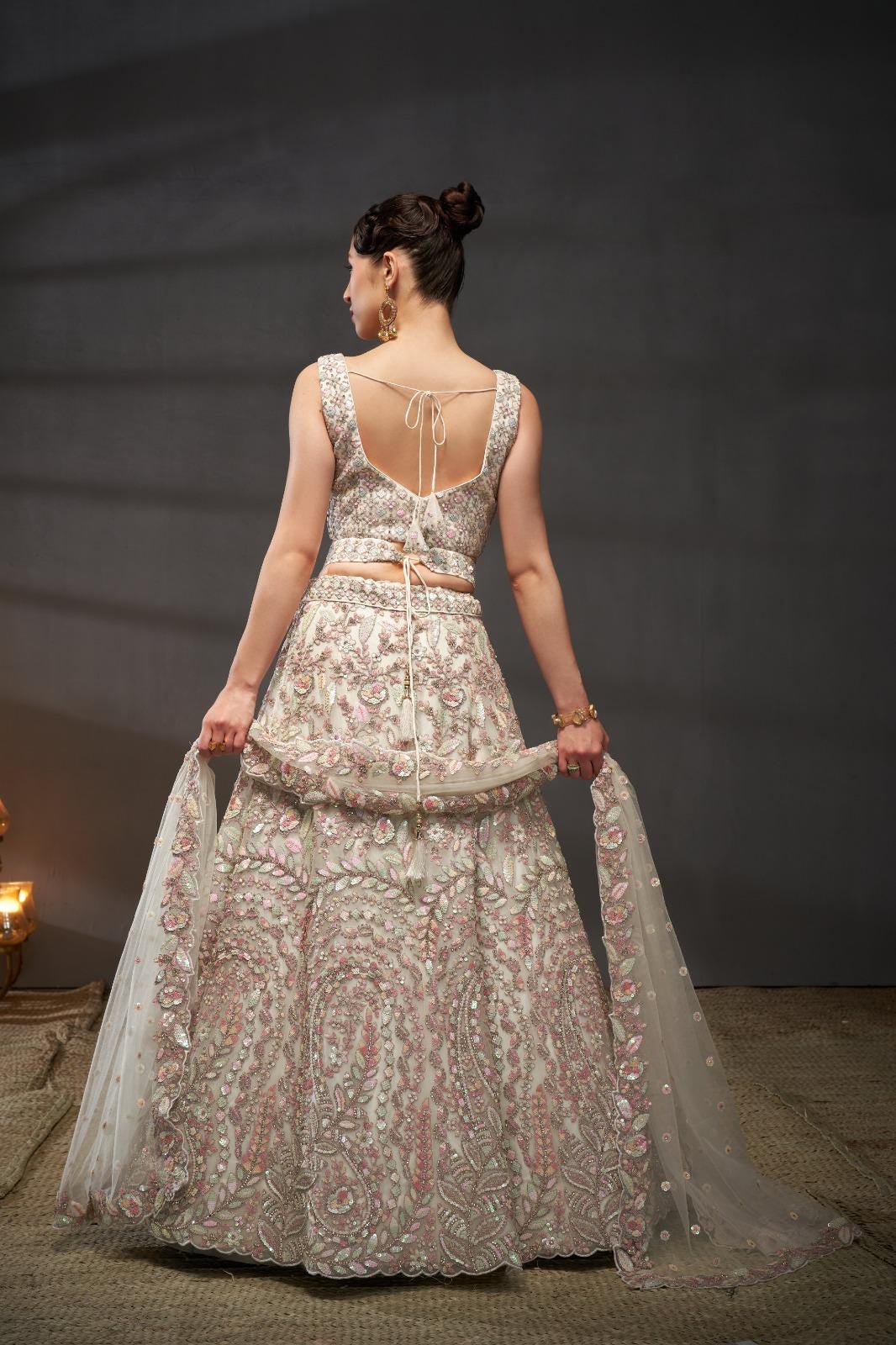 Cream Net Lehenga Choli Set | Multicolor Sequins Zarkan Embroidery, Bridal Wear