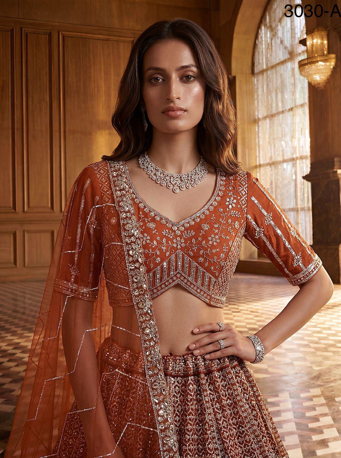 Designer Bridal Net Lehenga Choli, Crystal Sequin Motif Work, Wedding Wear Set