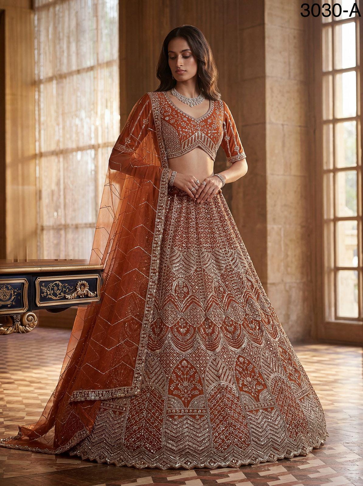 Designer Bridal Net Lehenga Choli, Crystal Sequin Motif Work, Wedding Wear Set