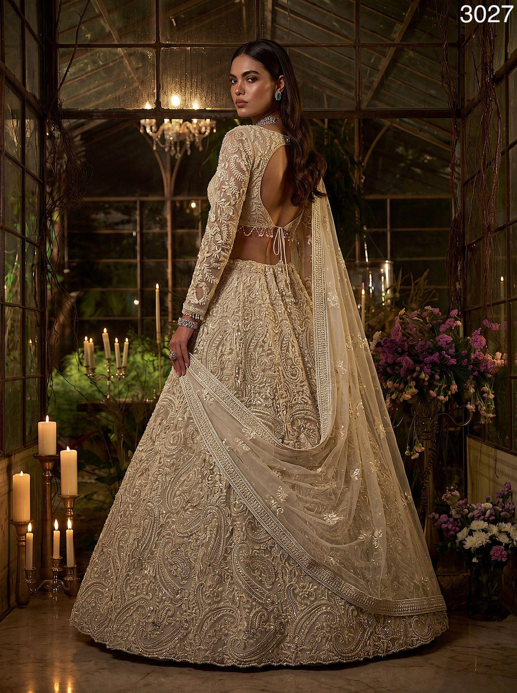 Heavy Net Bridal Lehenga Choli, Paisley Pearl Sequin Work, 5 Meter Flare Couture Set