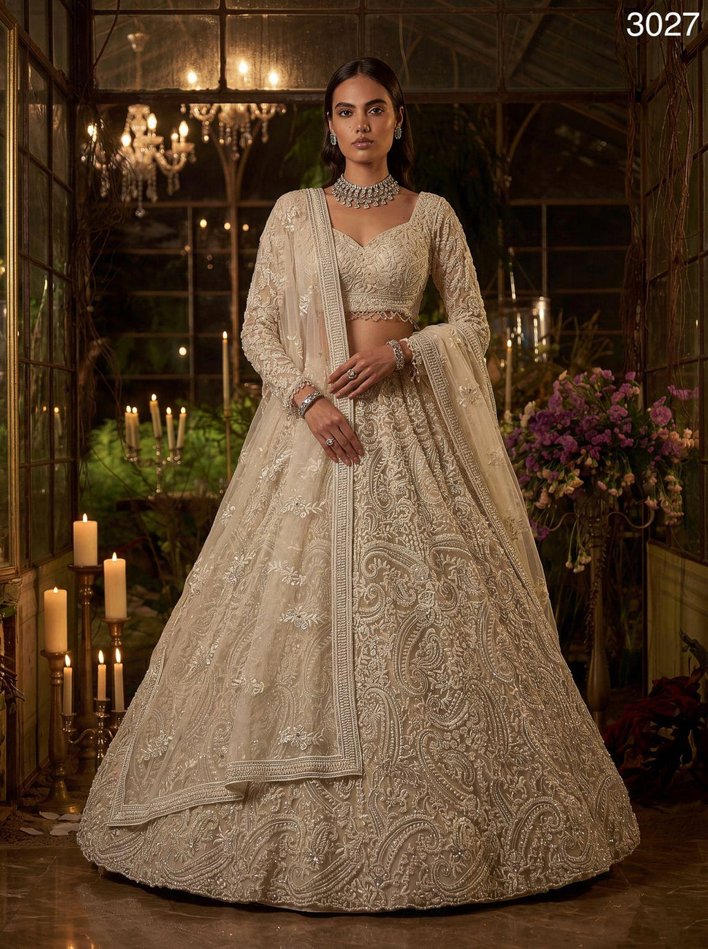 Heavy Net Bridal Lehenga Choli, Paisley Pearl Sequin Work, 5 Meter Flare Couture Set