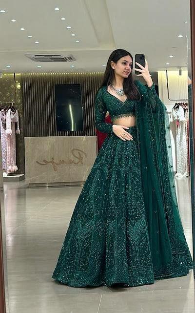 Emerald Net Lehenga Choli Set, Dori Sequins Thread Work, 3.5 Meter Flair