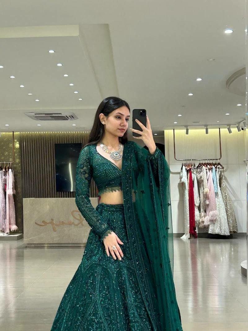 Emerald Net Lehenga Choli Set, Dori Sequins Thread Work, 3.5 Meter Flair