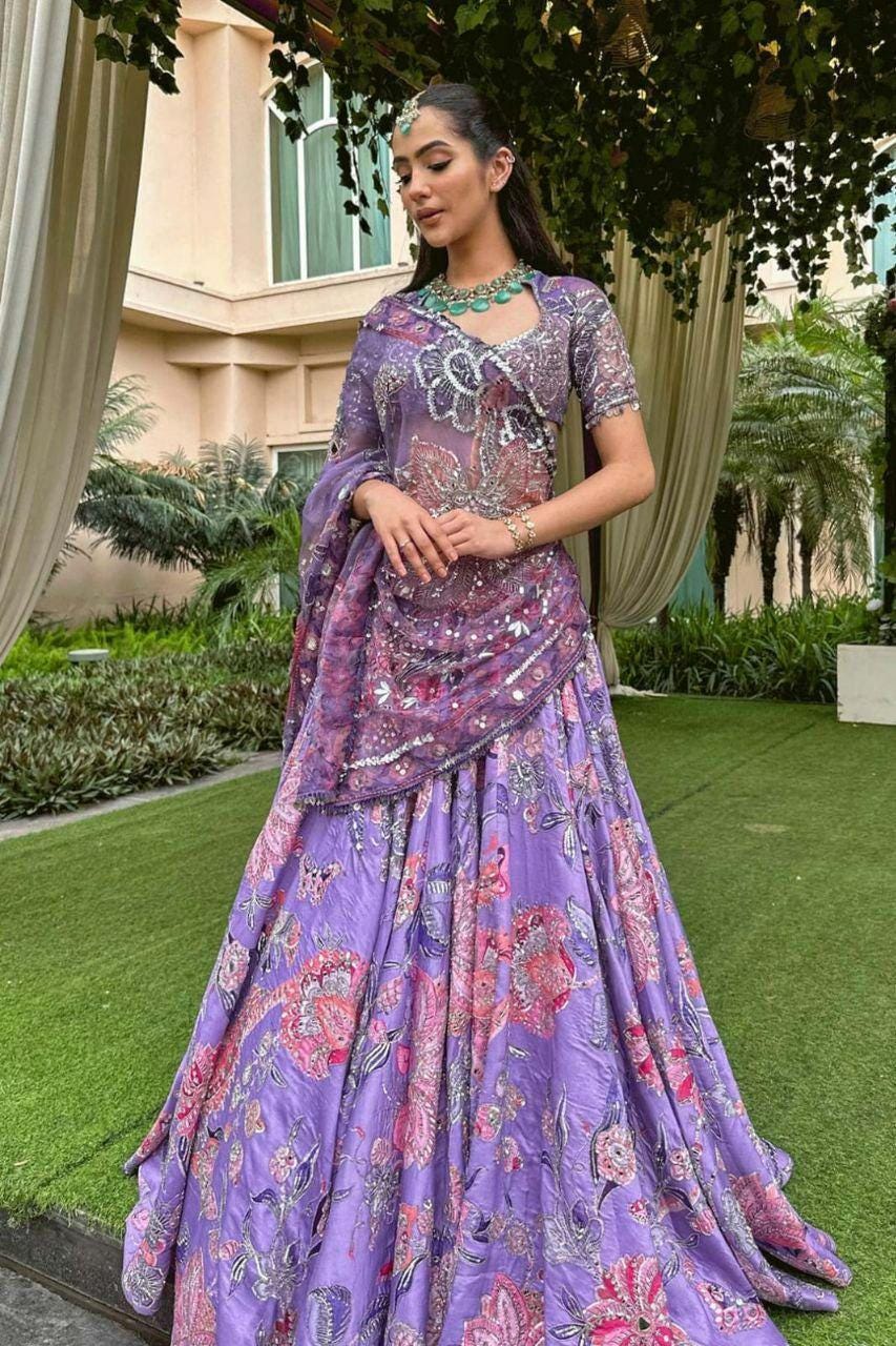 Taby Silk Lehenga Choli | Hand Mirror Sequins Embroidery, 3.5 Meter Flair, Indian Wedding Wear