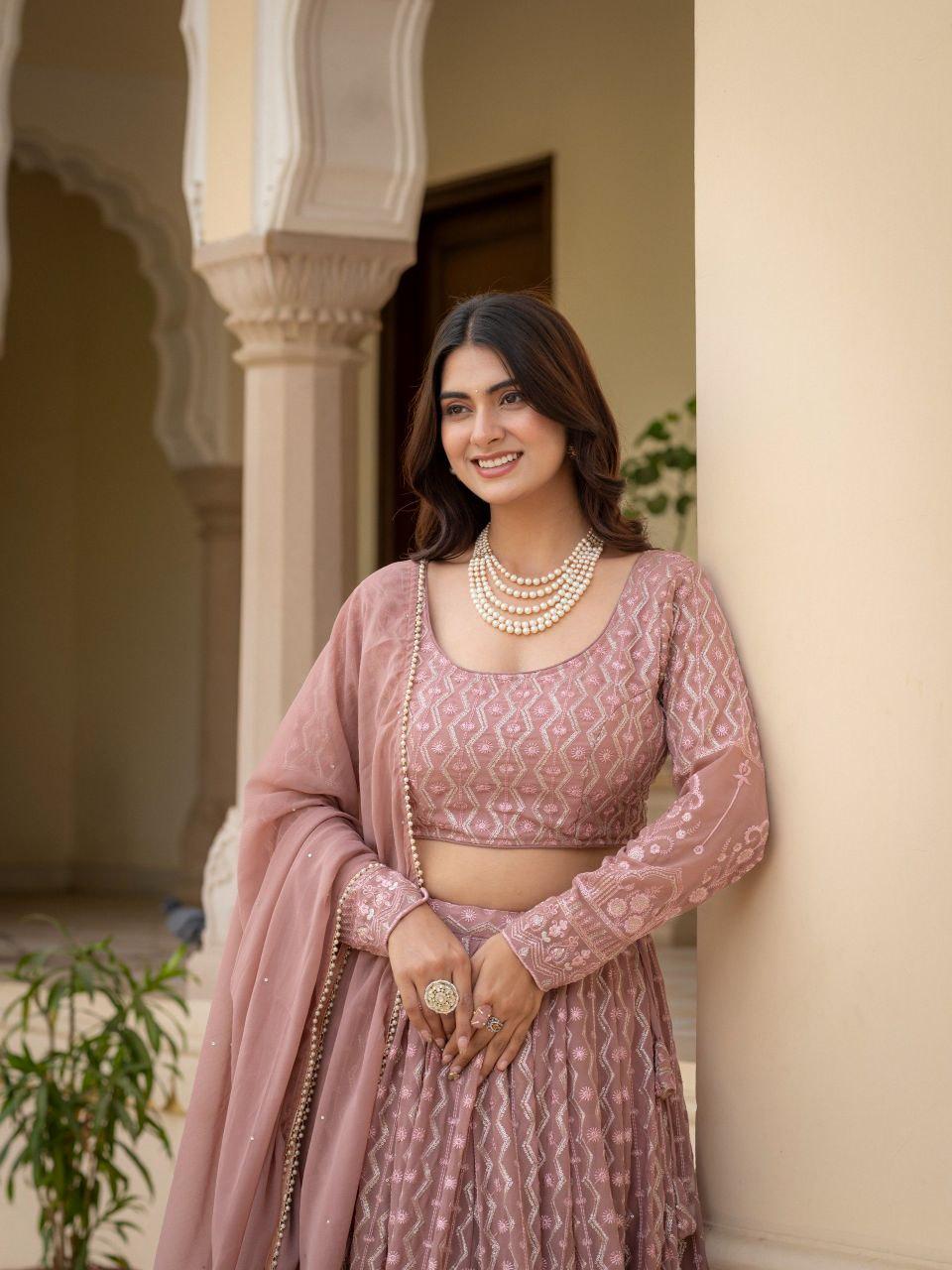 Rosy Brown Faux Georgette Lehenga Choli | Zari Sequin Embroidery, 3.5M Flair, Indian Party Wear