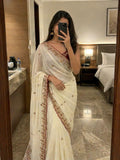 Soft Crunchy Saree with Embroidery, Cutwork Border | Designer Party Wear Saree, Contrast Blouse