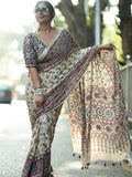 Ajrakh Print Semi Modal Silk Saree | Real Mirror Work, Pom Pom Pallu, Party Wear
