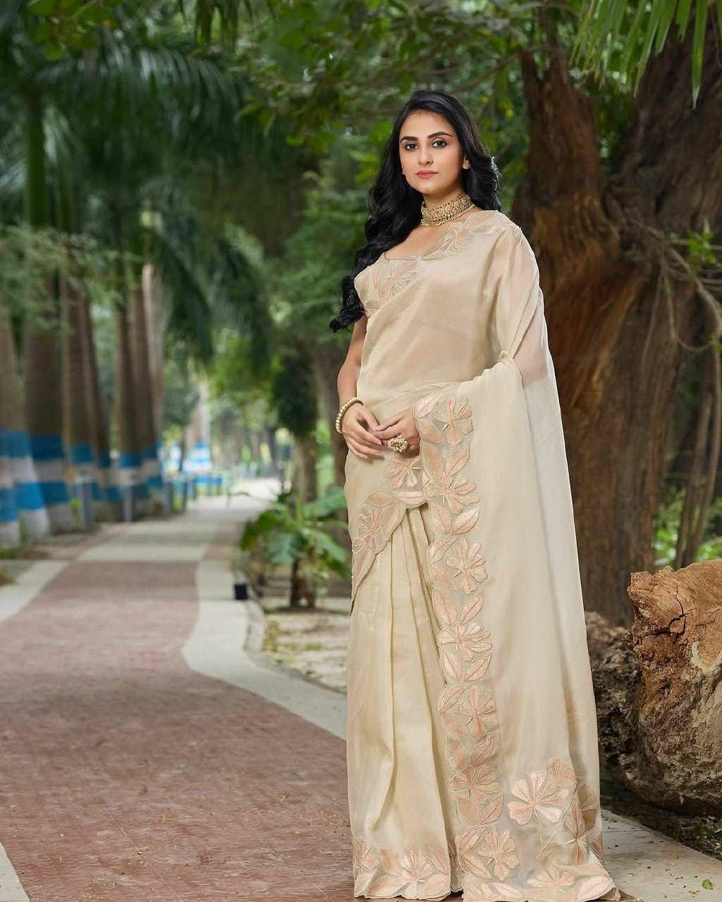 Pure Organza Silk Saree | Sequin Embroidery, Arco Cut Border, Banglory Silk Blouse