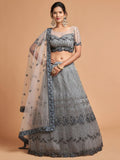Grey Net Lehenga Choli | Zari Sequin Embroidery, A-Line Bridal Wear
