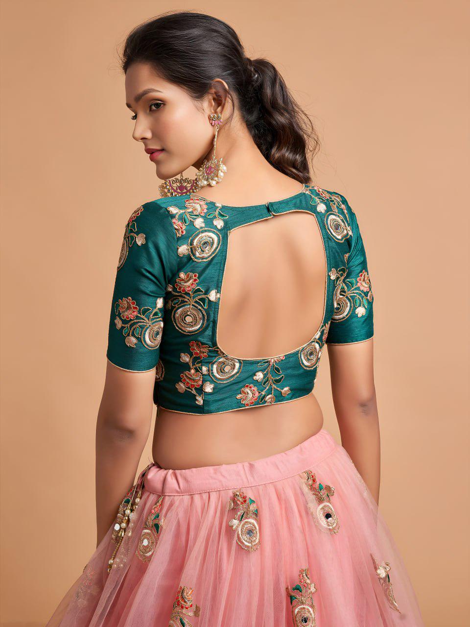 Peach Pink Net Lehenga Choli | Mirror Work, Floral Embroidery, Green Blouse