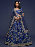 Navy Blue Art Silk Lehenga Choli Set | Zari Dori Sequins Embroidery, Net Dupatta