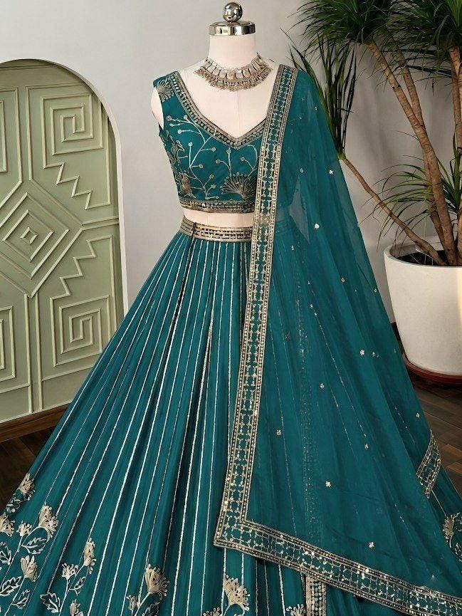 Star Georgette Lehenga Choli | Zari Sequin Embroidery, 3.5 Meter Flair, Indian Bridal Wear
