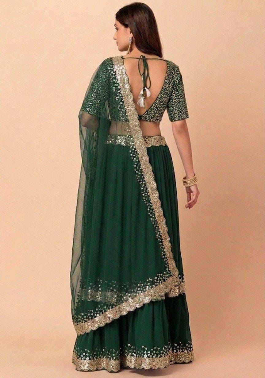 Emerald Georgette Lehenga Choli Set, Zari Sequin Embroidery, Wedding Party Wear