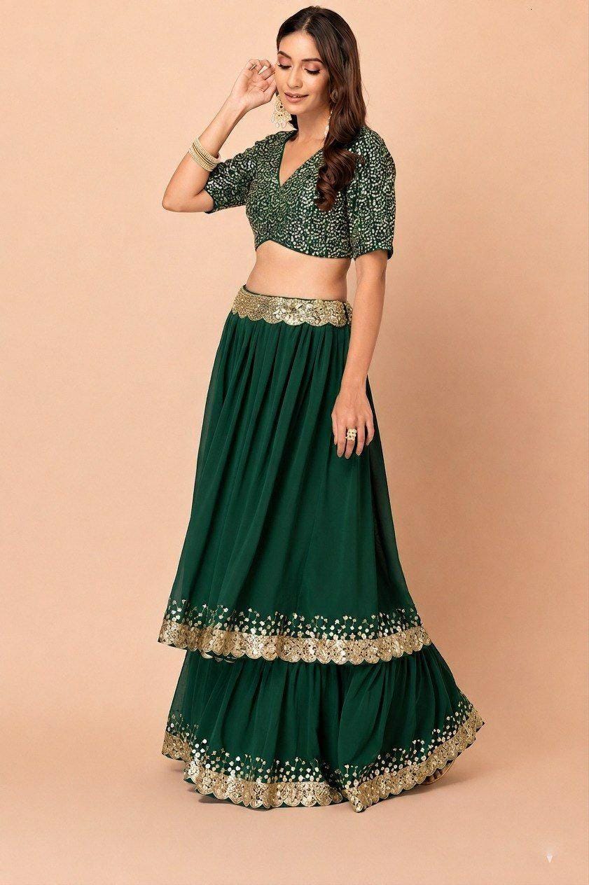 Emerald Georgette Lehenga Choli Set, Zari Sequin Embroidery, Wedding Party Wear