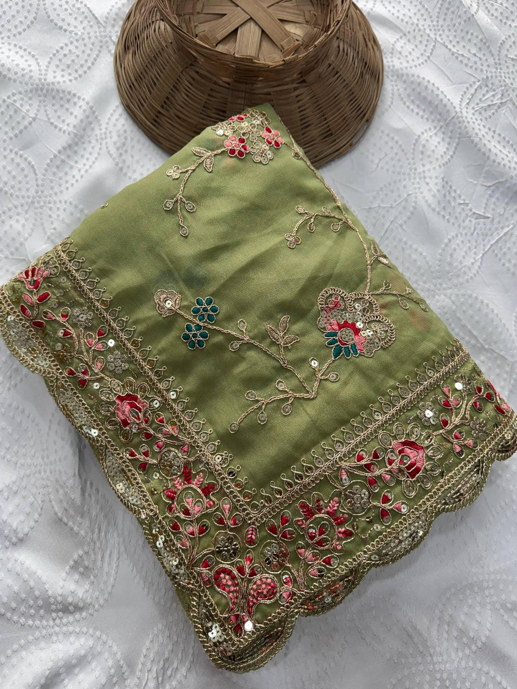 Embroidered Star Georgette Saree | Cutwork Border, Banglory Silk Blouse