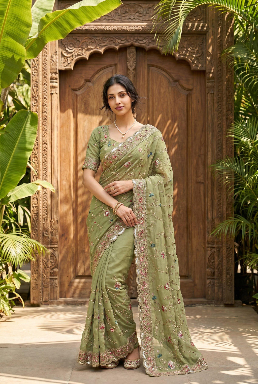Embroidered Star Georgette Saree | Cutwork Border, Banglory Silk Blouse