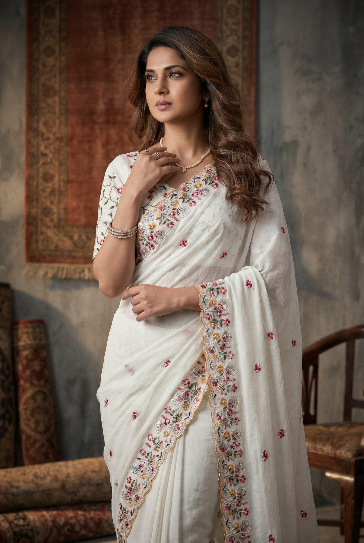 Crush Silk Embroidered Saree with Cutwork Border | Festive Wedding Wear, Mono Banglory Silk Blouse