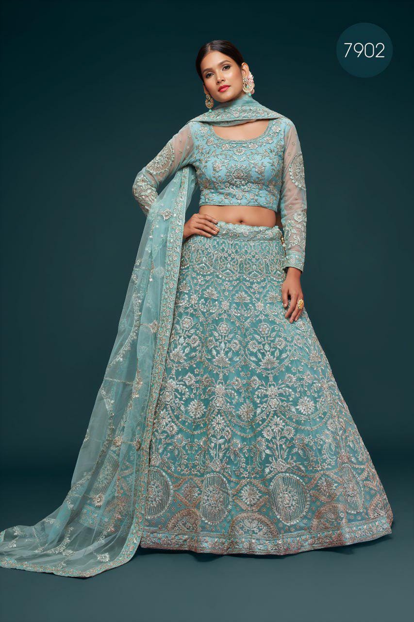 Aqua Blue Net Lehenga Choli Set, Zari Badla Glitter Dori Embroidery, Semi-Stitched Wedding Dupatta