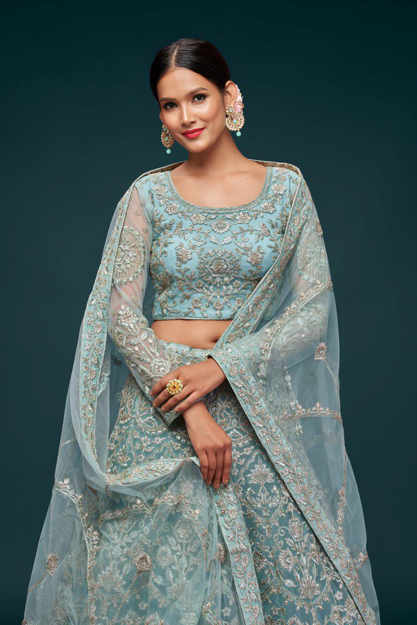 Aqua Blue Net Lehenga Choli Set, Zari Badla Glitter Dori Embroidery, Semi-Stitched Wedding Dupatta