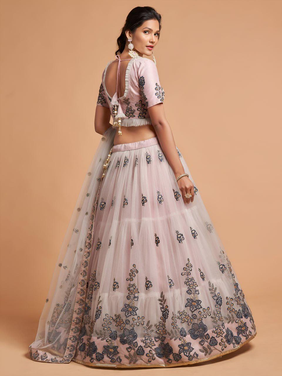 Light Grey Soft Net Lehenga Choli | Floral Embroidery, Zari, Dori, Sequins Bridal Set