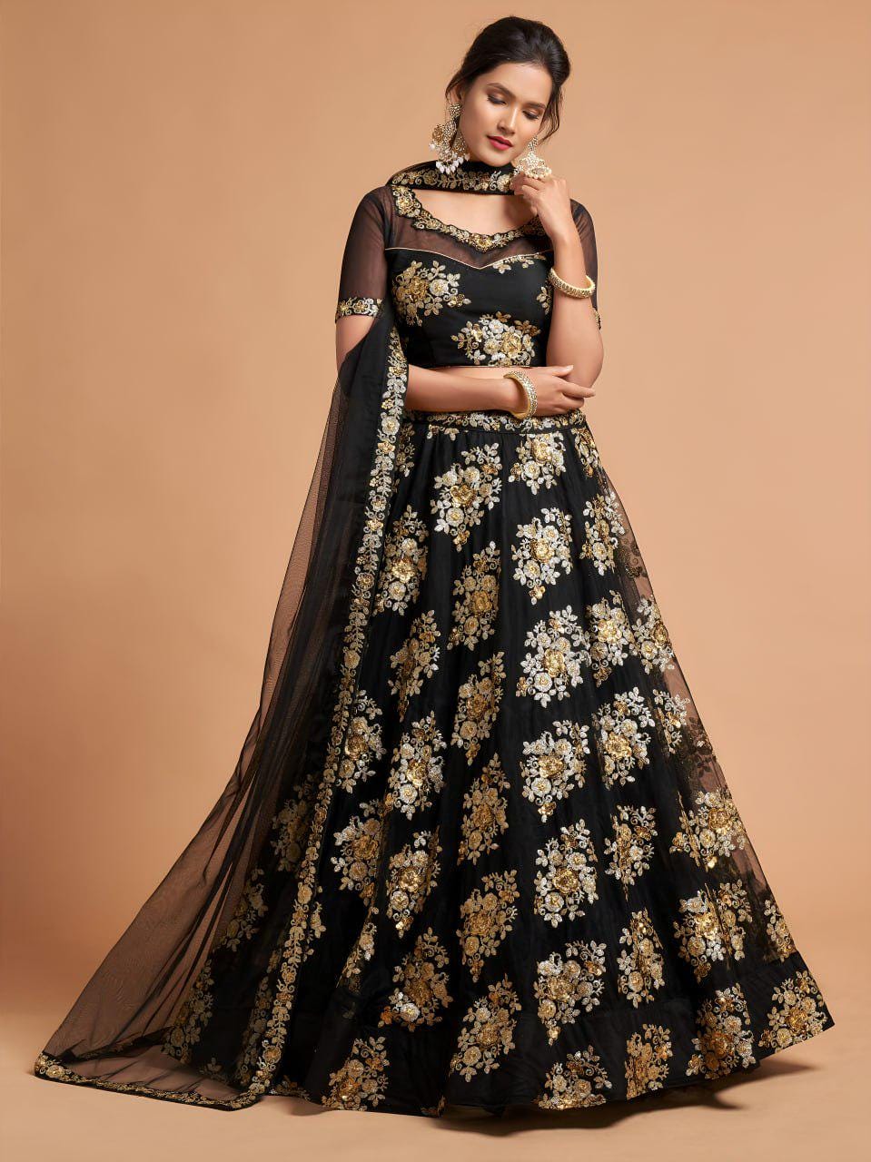 Black Net Lehenga Choli with Zari Sequins Embroidery | Indian Wedding Party Wear Set