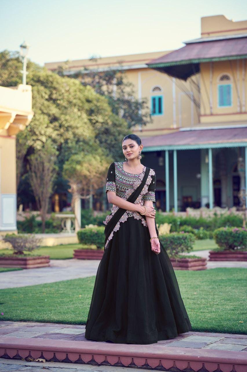 Aurum Georgette Lehenga Choli | Thread Sequins Embroidery, 5 Meter Flare, Floral Dupatta