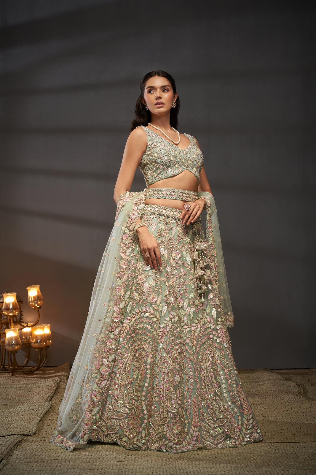 Cream Net Lehenga Choli Set | Multicolor Sequins Zarkan Embroidery, Bridal Wear