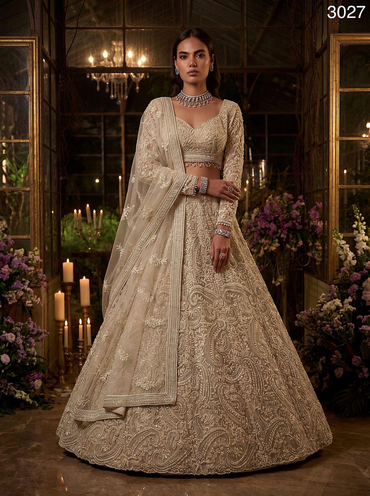 Heavy Net Bridal Lehenga Choli, Paisley Pearl Sequin Work, 5 Meter Flare Couture Set