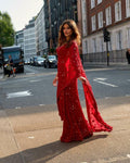 Red Georgette Saree, Real Mirror Work, Ruffle Border, Designer Embroidery Blouse Piece