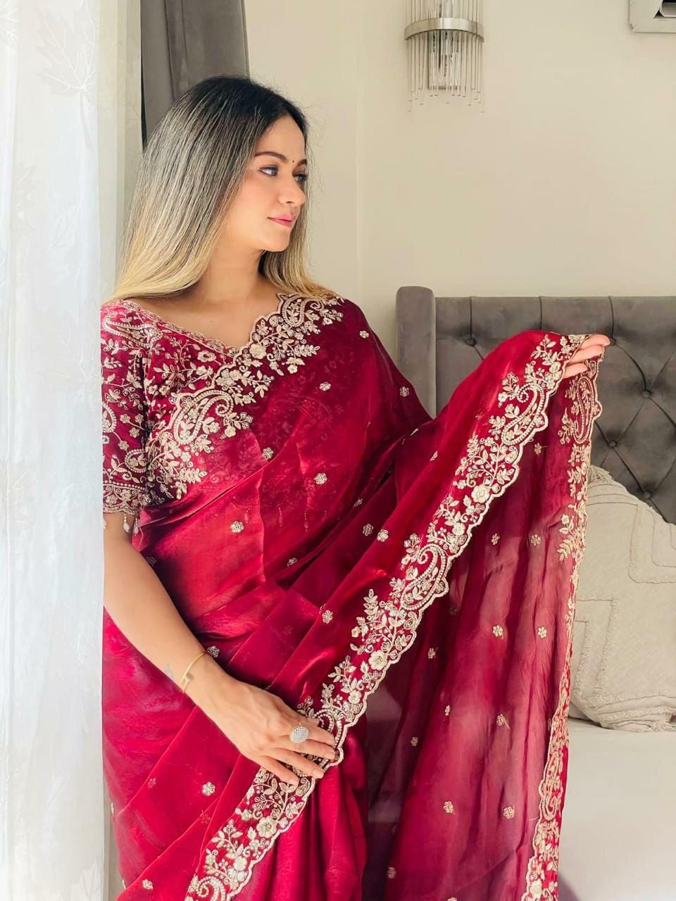 Fandy Satin Saree | Silver Zari Embroidery, Arco Cutwork Border, Wedding Guest Saree
